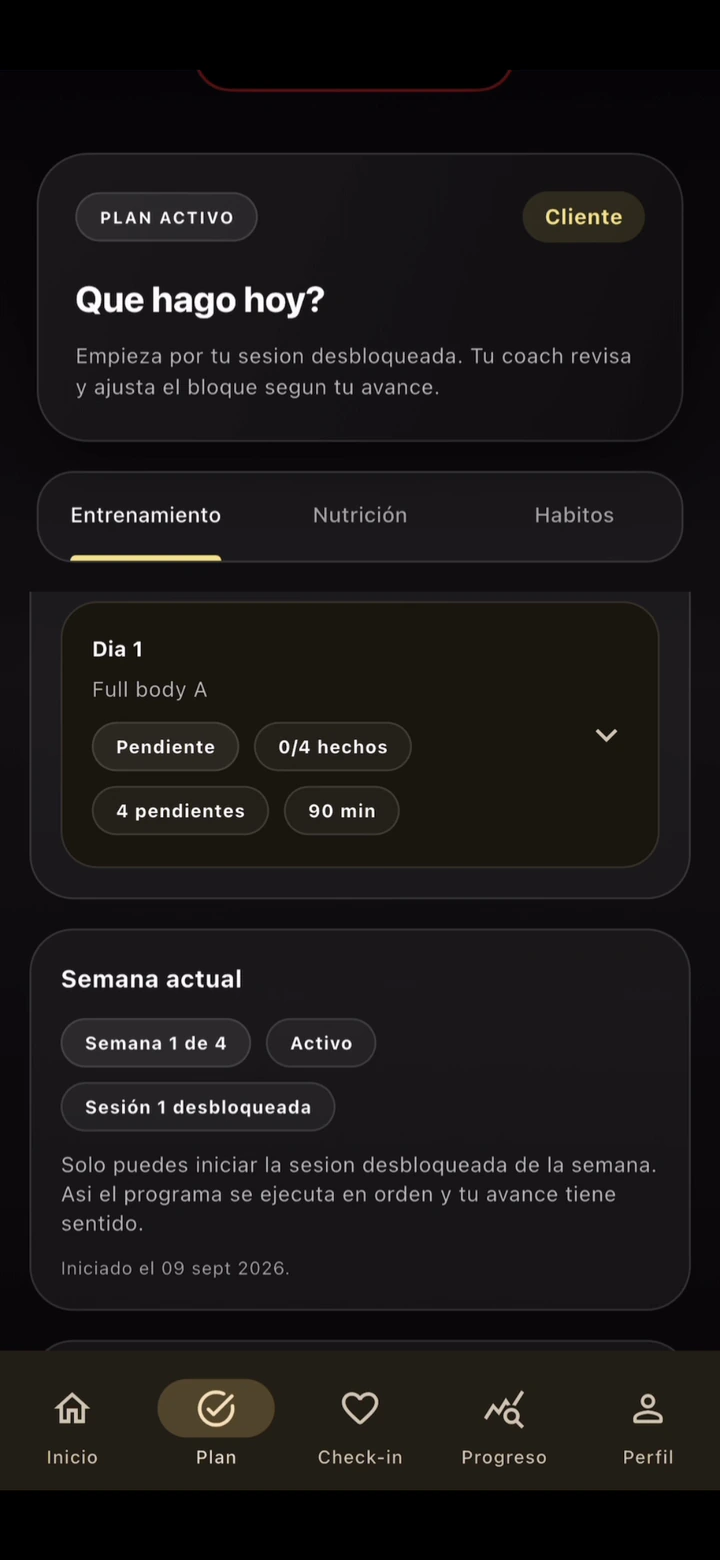 Plan activo del cliente en KYBA: sesión desbloqueada, semana actual y acceso a entrenamiento, nutrición y hábitos.